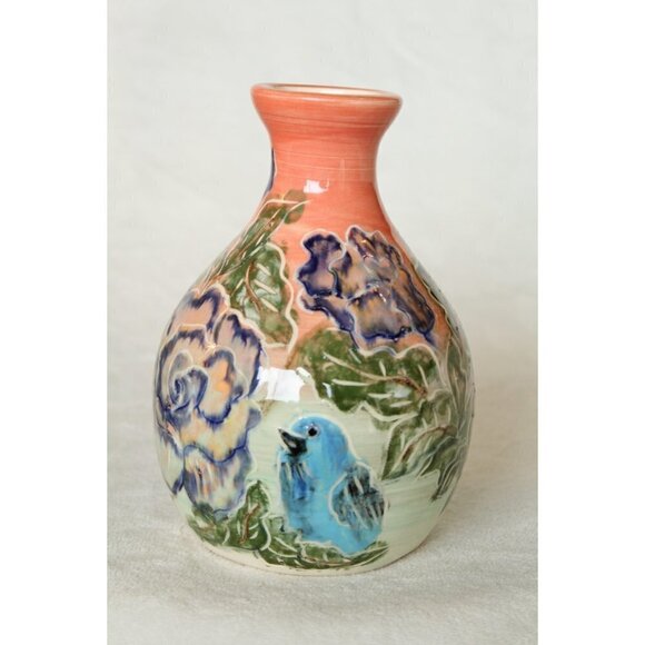 Art Studio Ceramic Pottery Birds & flowers print Bottle Decorative Vase handmade - Picture 8 of 10